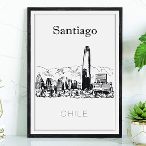 Hand Drawn Poster, Santiago Travel Poster, Chile Poster Wall Art, Santiago Cityscape and Landmark Map, City Map Poster for Home Office
