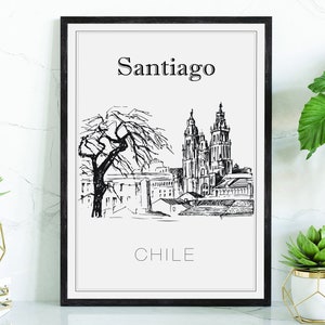 Hand Drawn Poster, Santiago Travel Poster, Chile Poster Wall Art, Santiago Cityscape and Landmark Map, City Map Poster for Home Office