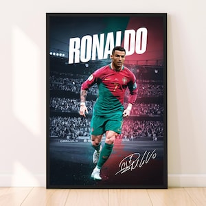 May include: A poster featuring a soccer player in a green and red jersey with the name "RONALDO" in large white letters. The player is wearing a white armband with the number 7 on it. The background is a blurred image of a stadium crowd. The player's signature is in the bottom right corner.