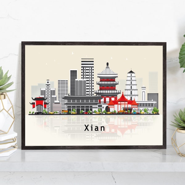 XIAN CHINA Illustration skyline poster, Modern skyline cityscape poster, China city skyline landmark map poster, Home wall decoration