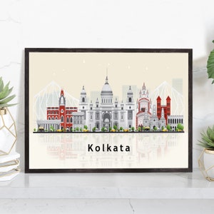 May include: A colorful illustration of the Kolkata skyline, featuring iconic buildings like the Victoria Memorial and the Howrah Bridge. The city's name, "Kolkata", is written in black at the bottom of the image.