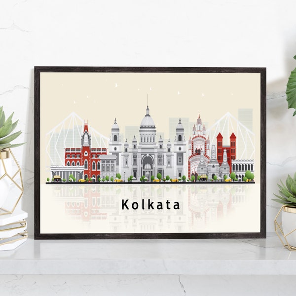 KOLKATA INDIA Illustration skyline poster, Modern skyline cityscape poster, India city skyline landmark map poster, Home wall decoration