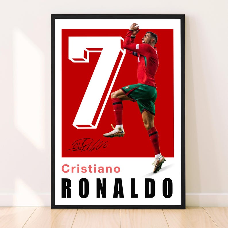 May include: A red and white poster with a photo of a soccer player in a red and green uniform. The player is jumping in the air with his arm raised. The number 7 is printed in white on the poster. The player's signature is below the number. The text "Cristiano Ronaldo" is printed at the bottom of the poster.