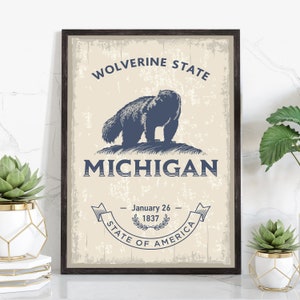 Michigan State Symbol Poster, Michigan State Poster Print, Michigan State Emblem Poster, Retro Travel State Poster, Home and Office Wall Art