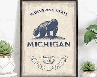 Michigan State Symbol Poster, Michigan State Poster Print, Michigan State Emblem Poster, Retro Travel State Poster, Home and Office Wall Art