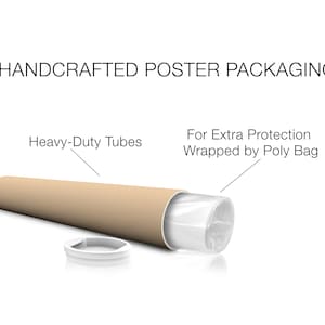 May include: A brown cardboard tube with a white plastic end cap. The tube is wrapped in a clear plastic bag. The text "Heavy-Duty Tubes" is above the tube and the text "For Extra Protection Wrapped by Poly Bag" is above the plastic bag. The text "HANDCRAFTED POSTER PACKAGING" is at the top of the image.