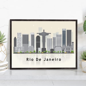 RIO DE JANEIRO Brasil Cartel del horizonte de la ilustración, Cartel del paisaje urbano del horizonte moderno, Cartel del mapa del punto de referencia del horizonte de la ciudad, Decoración de la pared del hogar