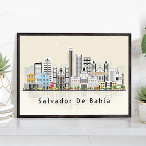 SALVADOR DE BAHIA Cartel del horizonte de la ilustración, Cartel del paisaje urbano del horizonte moderno, Cartel del mapa del hito del horizonte de Brasil, Decoración de la pared del hogar