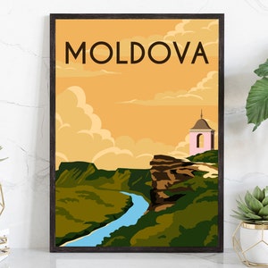 May include: A retro-style travel poster featuring a landscape with a river, green hills, and a pink building with a bell tower. The text "MOLDOVA" is at the top of the poster.