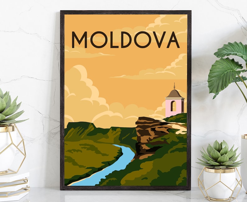 May include: A retro-style travel poster featuring a landscape with a river, green hills, and a pink building with a bell tower. The text "MOLDOVA" is at the top of the poster.