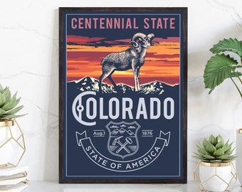 United States Colorado State Poster, Colorado Poster Print, Colorado State Emblem Poster, Retro Travel State Poster, Home, Office Wall Art