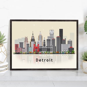 DETROIT MICHIGAN Illustration skyline poster, Michigan state modern skyline cityscape poster, Landmark art print, Home wall decoration
