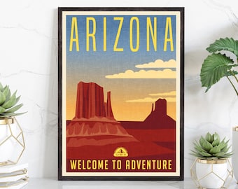 May include: A vintage-style travel poster for Arizona with a red rock formation in the foreground and a blue sky with clouds in the background. The text "Arizona" is in yellow letters at the top of the poster, and the text "Welcome to Adventure" is in yellow letters at the bottom of the poster. A small yellow circle with the letters "U.S.A." is in the center of the poster.