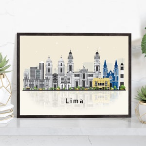 May include: A colorful illustration of the Lima skyline, featuring several buildings, including churches and a lighthouse. The city name, "Lima", is written in black at the bottom of the image.