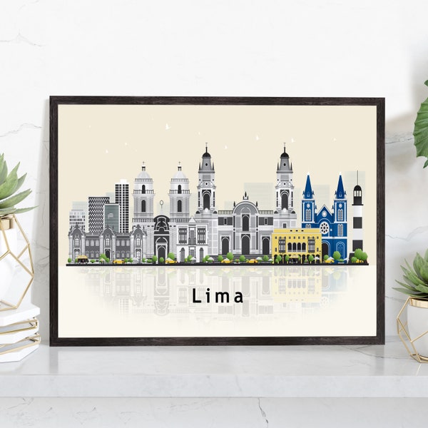 LIMA PERU Illustration skyline poster, Modern skyline cityscape poster, PERU city skyline landmark map poster, Home wall decoration