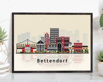 BETTENDORF IOWA Illustration skyline poster, Iowa modern skyline cityscape poster, Landmark home wall art print, Office wall art decoration