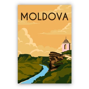May include: A retro travel poster for Moldova featuring a pink building on a cliff overlooking a river. The sky is a warm orange with white clouds. The text "MOLDOVA" is in a bold black font.