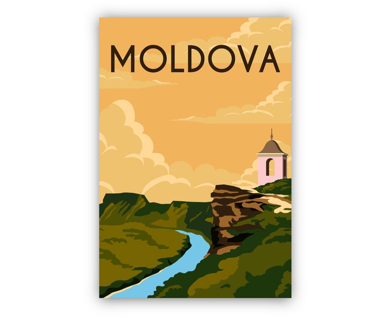 May include: A retro travel poster for Moldova featuring a pink building on a cliff overlooking a river. The sky is a warm orange with white clouds. The text "MOLDOVA" is in a bold black font.