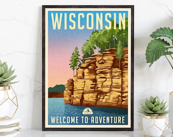 Retro style travel poster, Wisconsin vintage rustic poster print, Home wall art, Office wall decoration, Wisconsin State, Map posters
