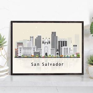 SAN SALVADOR Illustration skyline poster, Modern skyline cityscape poster, El Salvador skyline landmark map poster, Home wall decoration