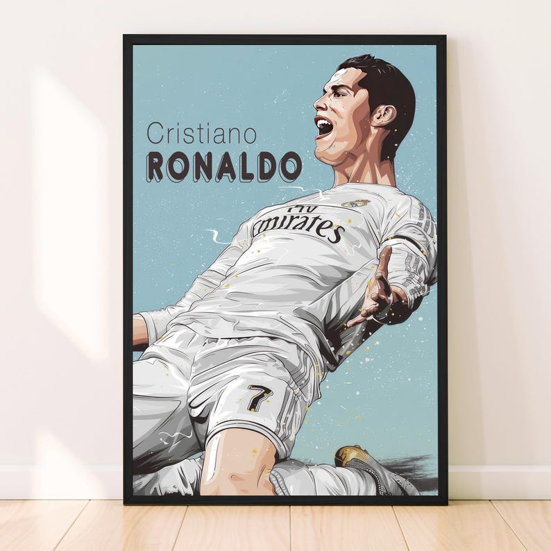 May include: A digital illustration of Cristiano Ronaldo wearing a white football shirt with the text "Fly Emirates" on the front. The background is a light blue with white speckles. The text "Cristiano Ronaldo" is at the top of the image.