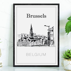Hand Drawn Poster, Brussels Travel Poster, Belgium Poster Wall Art, Brussels Cityscape and Landmark Map, City Map Poster For Home and Office