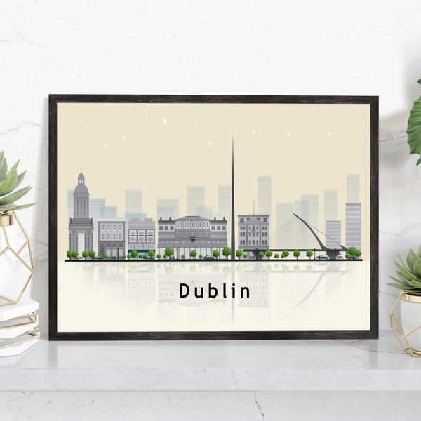 DUBLIN REPUBLIC of Ireland Illustration skyline poster, Modern skyline cityscape poster print, Landmark map poster, Home wall art decoration