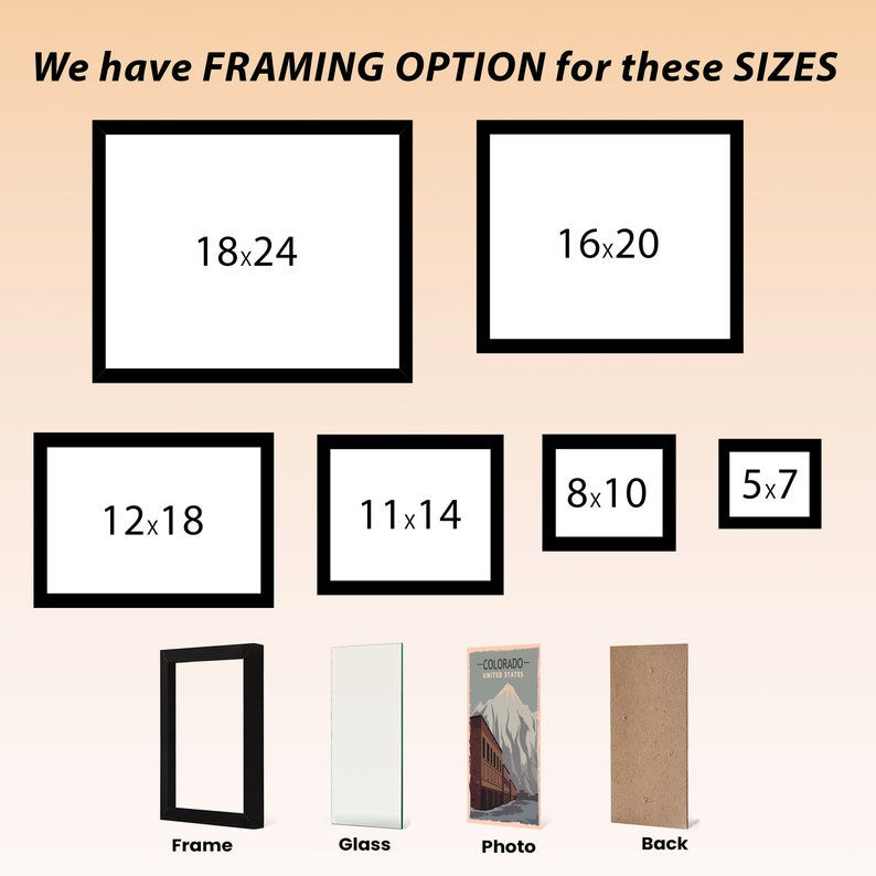 May include: A graphic showing different framing options for various sizes of prints. The sizes are listed in inches: 18x24, 16x20, 12x18, 11x14, 8x10, and 5x7. The framing options include a black frame, glass, a photo, and a back.