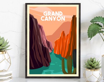 May include: A retro-style poster with the text "GRAND CANYON" in white letters against a peach background. The poster depicts a canyon with red and brown rock formations and a turquoise river winding through the center.