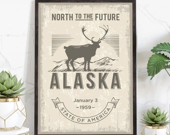 Alaska State Symbol Poster, Alaska State Poster Print, Alaska State Emblem Poster, Retro Travel State Poster, Home and Office Wall Art