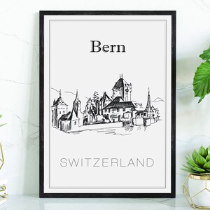Hand Drawn Poster, Bern Travel Poster, Switzerland Poster Wall Art, Bern Cityscape and Landmark Map, City Map Poster For Home and Office