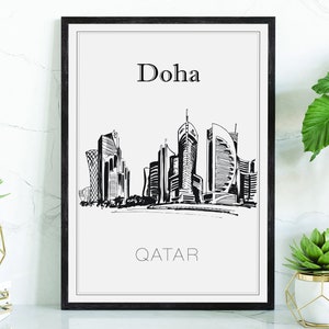 Hand Drawn Poster, Doha Travel Poster, Qatar Doha Poster Wall Art, Doha Cityscape and Landmark Map, City Map Poster For Home and Office