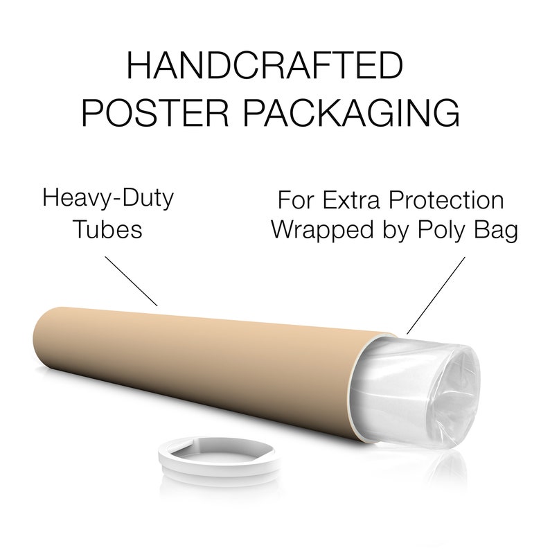 May include: A brown cardboard tube with a white end cap. The tube is labeled "HANDCRAFTED POSTER PACKAGING". The text "Heavy-Duty Tubes" is above the tube and the text "For Extra Protection Wrapped by Poly Bag" is above the other end of the tube.