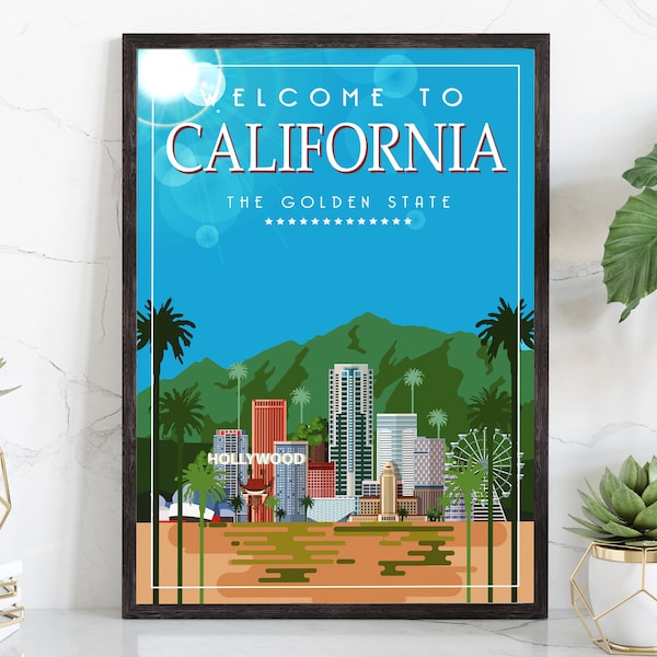 Retro Style Travel Poster, California Vintage Rustic Poster Print, Home Wall Art, Office decorations, California posters, State Map Poster