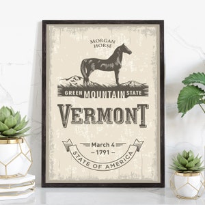 VERMONT state Morgan Horse symbol Poster, Green mountain state poster print, Vermont state emblem poster, Retro travel states poster print