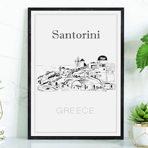 Hand Drawn Poster, Santorini Travel Poster, Greece Poster Wall Art, Santorini Cityscape and Landmark Map, City Map Poster for Home Office