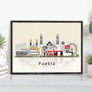 PUEBLA MEXICO Illustration skyline poster, Modern skyline cityscape poster, Puebla city skyline landmark map poster, Home wall decoration