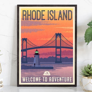 Póster de viaje de estilo retro, impresión rústica vintage de Rhode Island, arte mural para el hogar, decoración de pared para la oficina, Rhode Island, impresión de póster con mapa del estado