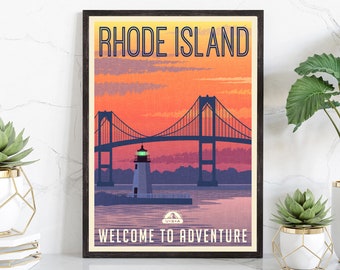 Retro Style Travel Poster, Rhode Island Vintage Rustic Poster Print, Home Wall Art, Office Wall Decor, Rhode Island, State Map Poster Print