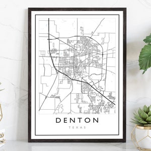 Denton Texas City Map, Texas City Road Map Poster Print, City Street Map Print, Modern US City Map, Home Art Decor, Office Wall Art Print