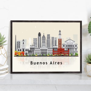 BUENOS AIRES Cartel del horizonte ilustrado, Cartel del paisaje urbano del horizonte moderno, Cartel del mapa del hito del horizonte de la ciudad de Argentina, Decoración de la pared del hogar
