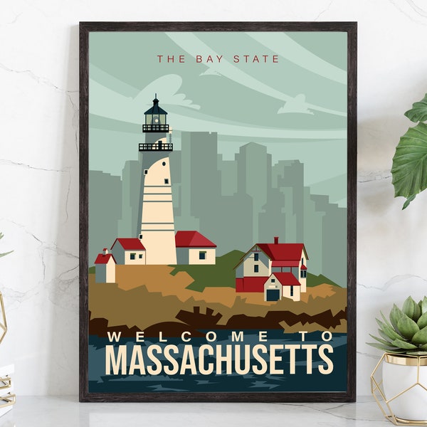 MASSACHUSETTS retro style travel poster, Massachusetts vintage rustic poster print, Home wall art, Massachusetts state map poster art print