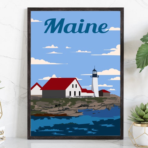Retro Style Travel Poster Maine Vintage Rustic Poster Print Etsy