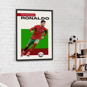 May include: A black and white poster with a photo of Cristiano Ronaldo playing soccer. The poster has the text "Cristiano RONALDO" in red and white.