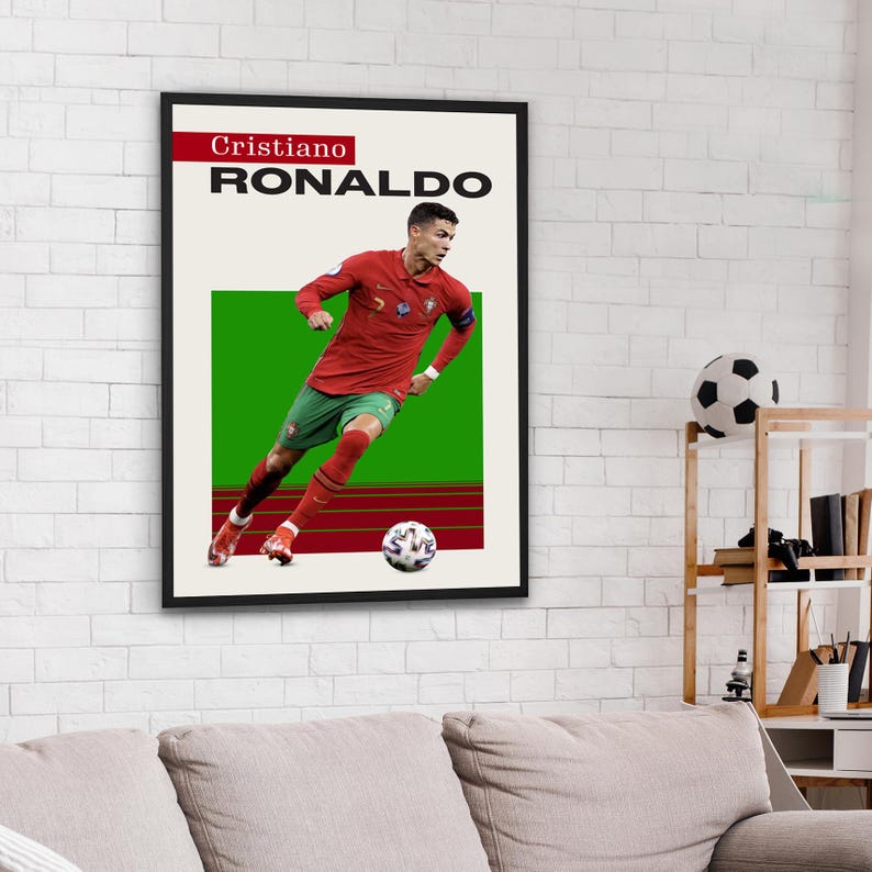 May include: A black and white poster with a photo of Cristiano Ronaldo playing soccer. The poster has the text "Cristiano RONALDO" in red and white.