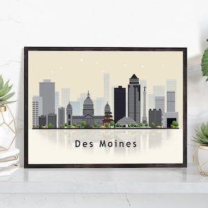 DES MOINES IOWA Illustration skyline poster, Iowa state modern skyline cityscape poster, Landmark art print, Home decoration