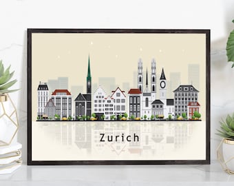 ZURICH SWITZERLAND Illustration skyline poster, Modern skyline cityscape poster print, Landmark map poster, Home wall art decoration