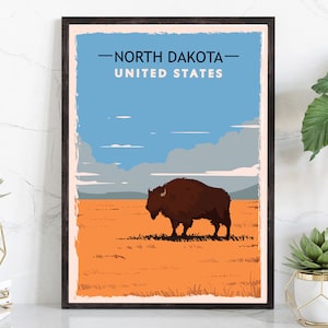Retro Style Travel Poster, North Dakota Vintage Rustic Poster Print, Home Wall Art, Office Wall Decor, North Dakota, State Map Poster