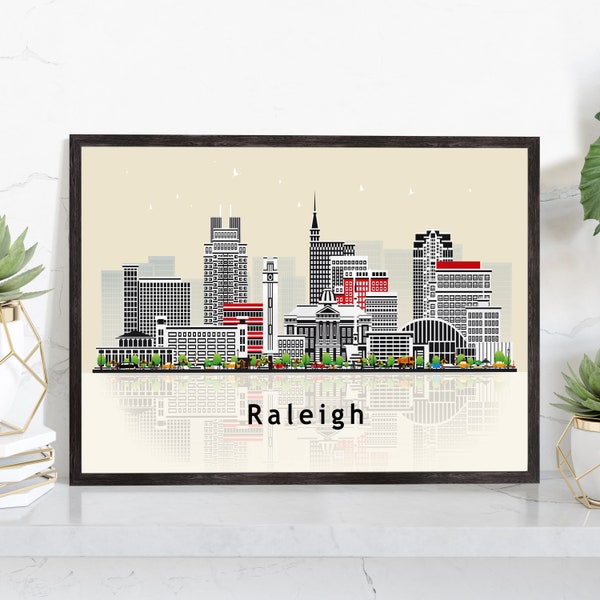 RALEIGH NORTH CAROLINA Illustration skyline poster, North Carolina modern skyline cityscape poster print, Landmark map poster, Home wall art