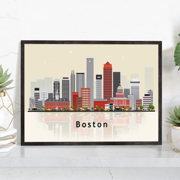 BOSTON MASSACHUSETTS Illustration skyline poster, Boston State modern skyline cityscape poster, Landmark art print, Home decoration idea